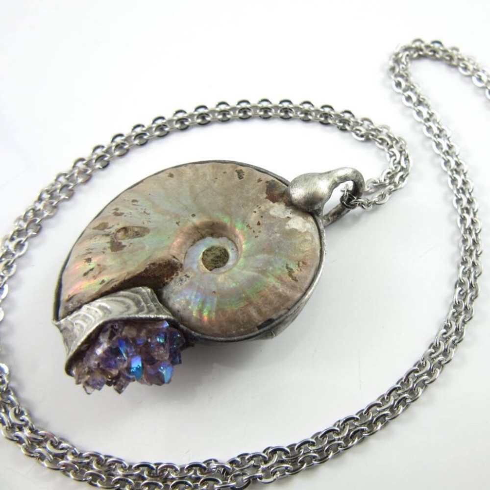 Iridescent Ammonite Fossil with Angel Aura Quartz